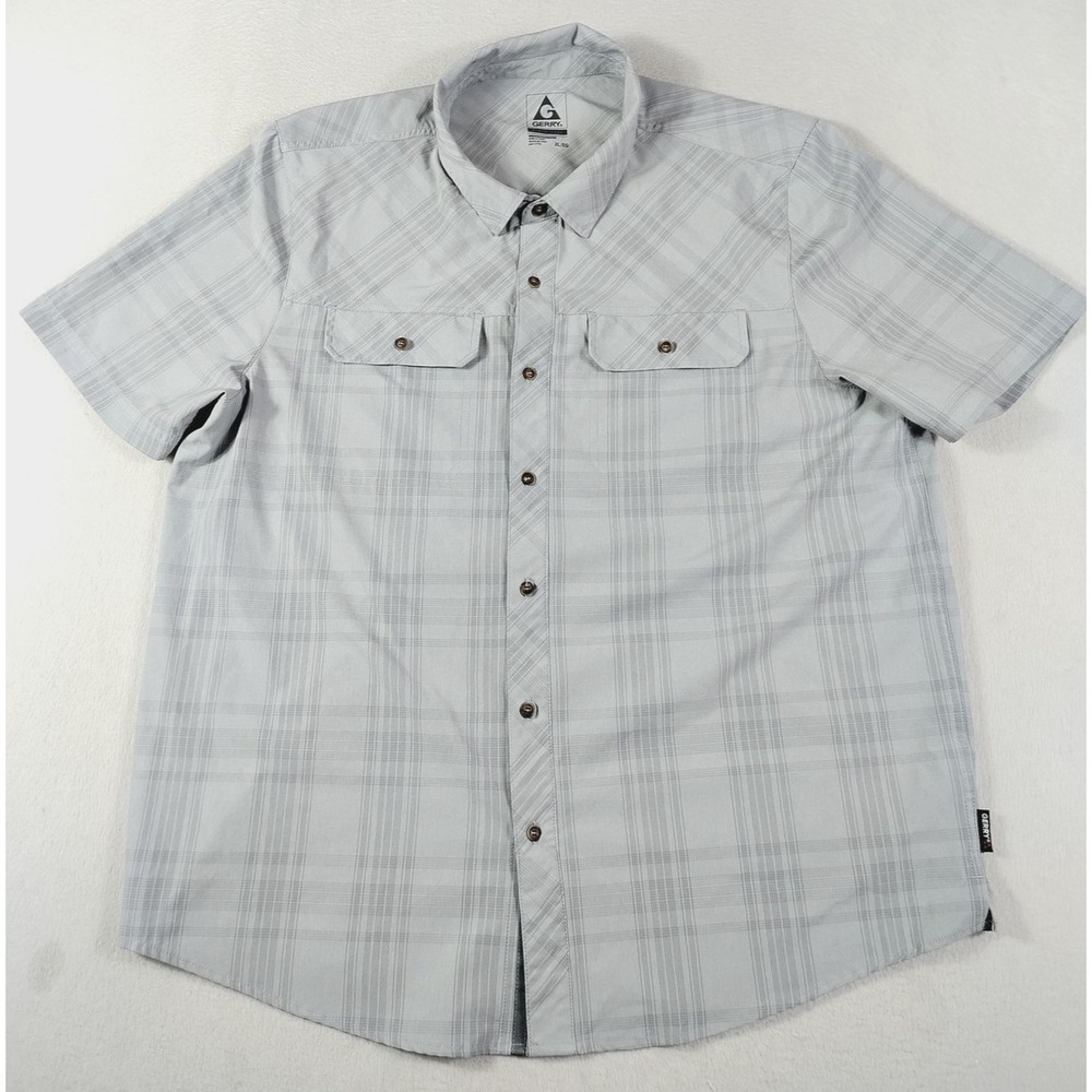 Gerry Shirt Mens XL Gray Plaid Short Sleeve Stretch Button Up Casual Hiking